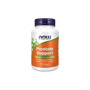Bottle of Now Foods Prostate Support 90 Softgels, containing plant extracts such as saw palmetto and lycopene to enhance prostate health and urinary tract function.